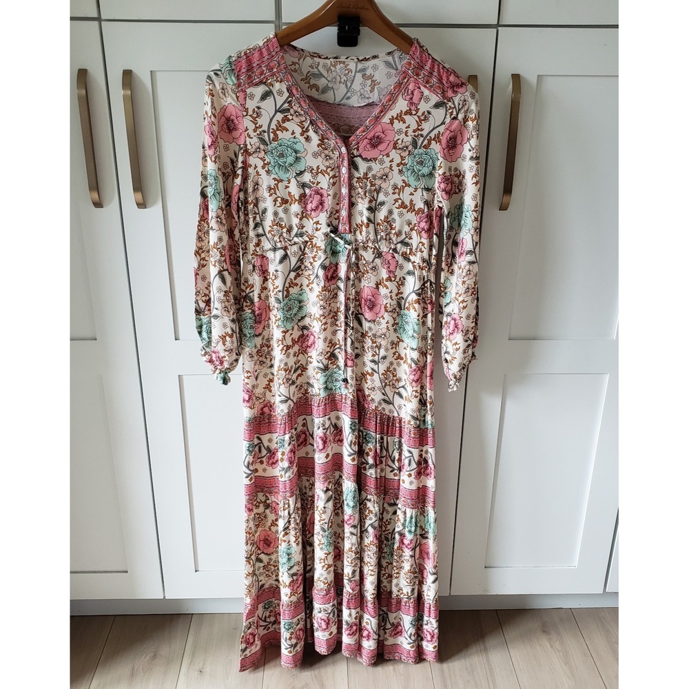 SundayUp Dress Womens Small Pink Floral Cotton Boho Cottagecore Tiered Maxi